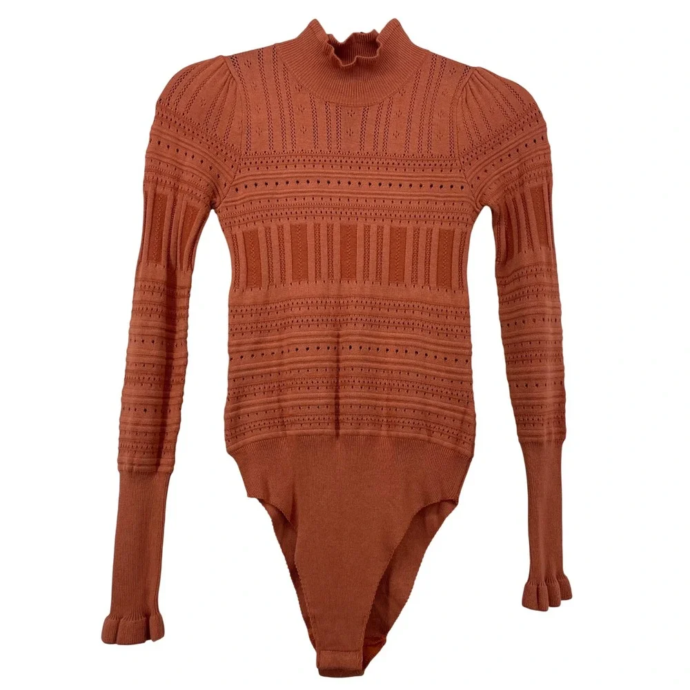 Free People Size Small Pointelle Me About It Bodysuit Orange Mock Neck Ruffle